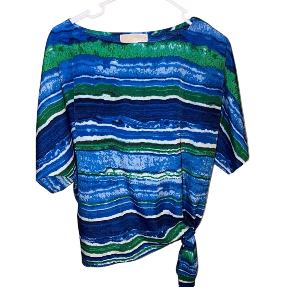 Michael Michael Kors Blue Green Abstract Stripe Side Tie Knot Blouse Top Size M
